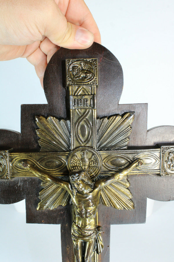 Antique French bronze Wood crucifix cross 4 evangelists religious