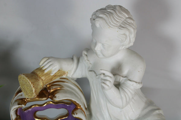 Rare antique french vieux paris porcelain inkwell bisque putti cherub