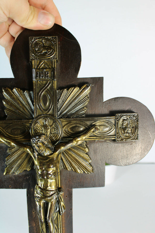 Antique French bronze Wood crucifix cross 4 evangelists religious