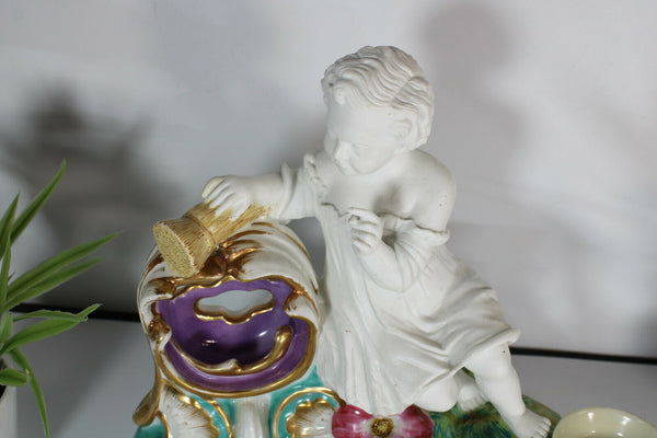 Rare antique french vieux paris porcelain inkwell bisque putti cherub