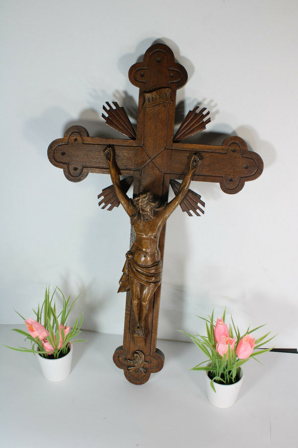 Antique large french wood carved wall crucifix cross religious