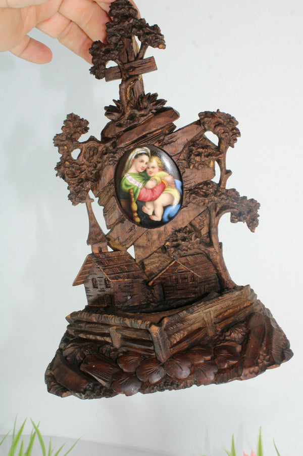 Antique german black forest wood  holy water font crucifix porcelain madonna