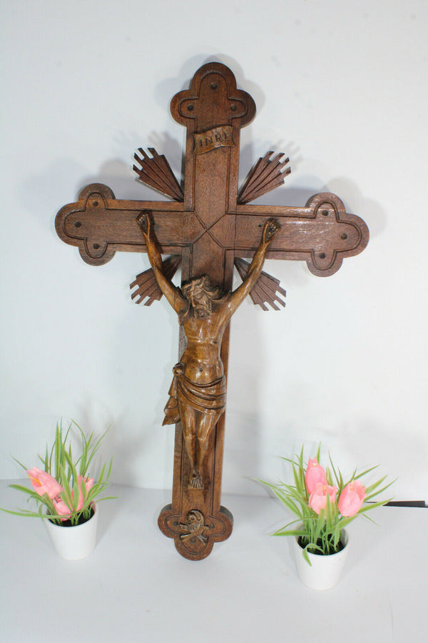 Antique large french wood carved wall crucifix cross religious