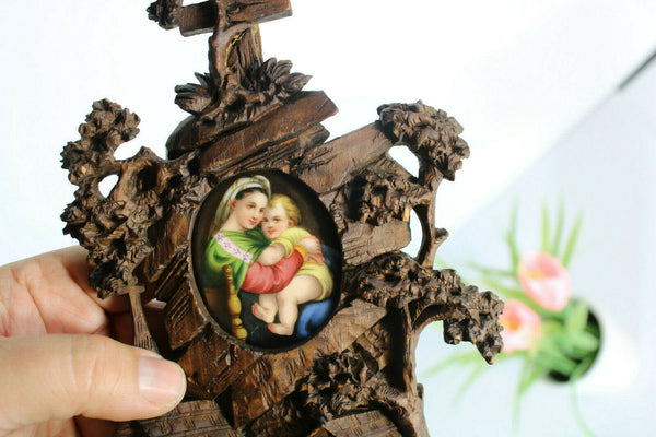 Antique german black forest wood  holy water font crucifix porcelain madonna