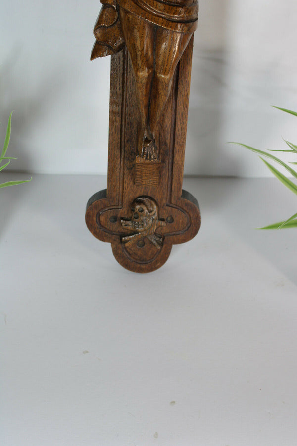 Antique large french wood carved wall crucifix cross religious