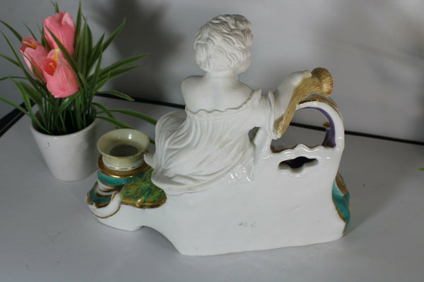 Rare antique french vieux paris porcelain inkwell bisque putti cherub