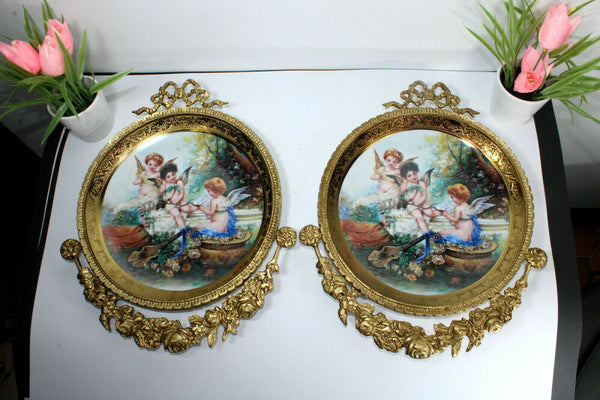 PAIR LArge vintage Porcelain plate angel cherub Scene bronze wall frame plaques