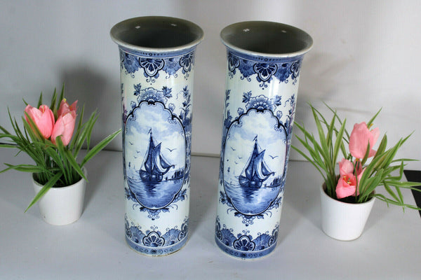 PAIR vintge dutch delft pottery Vases sailboat scene