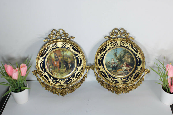 PAIR vintage Porcelain plate victorian Scene bronze wall frame plaques