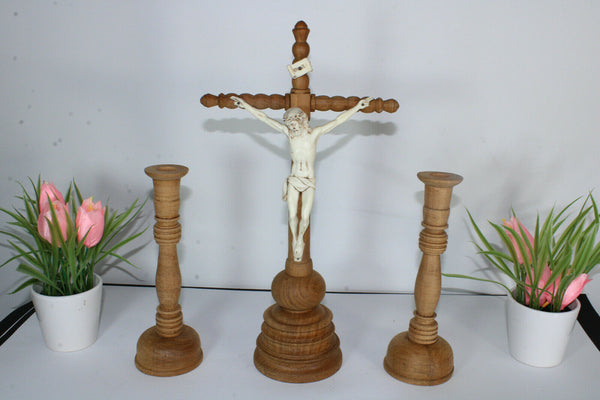Vintage French crucifix religious set candle holders
