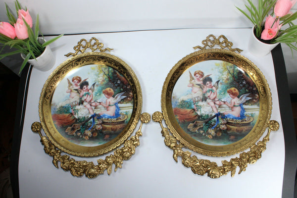 PAIR LArge vintage Porcelain plate angel cherub Scene bronze wall frame plaques