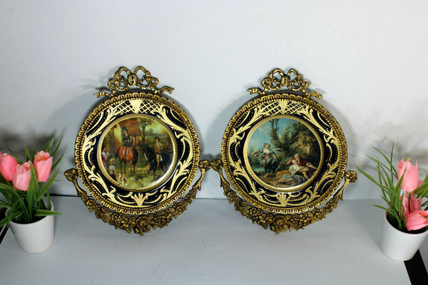 PAIR vintage Porcelain plate victorian Scene bronze wall frame plaques