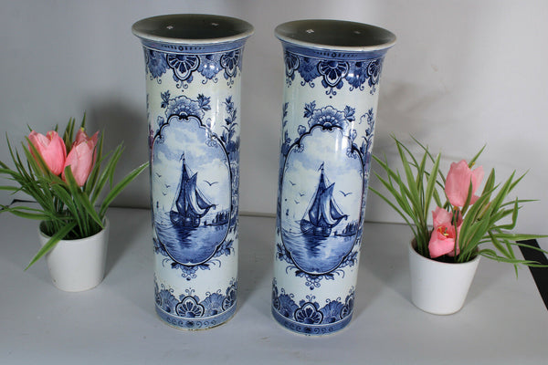 PAIR vintge dutch delft pottery Vases sailboat scene