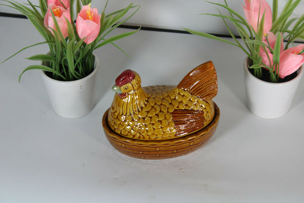 Vintage french chicken pate baking form faience 1970 animal