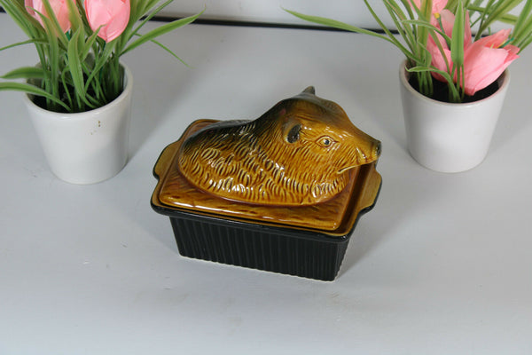 Vintage french boar pate baking form faience 1970 animal