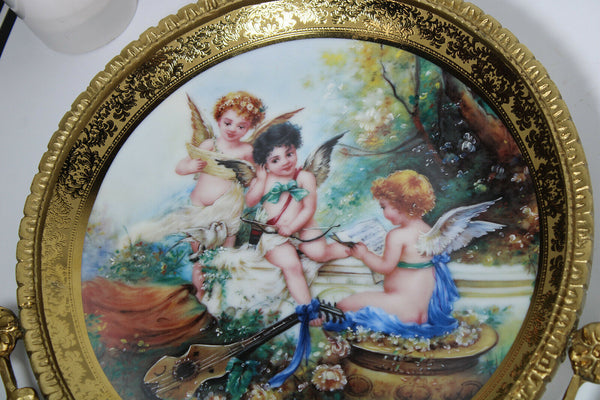 PAIR LArge vintage Porcelain plate angel cherub Scene bronze wall frame plaques