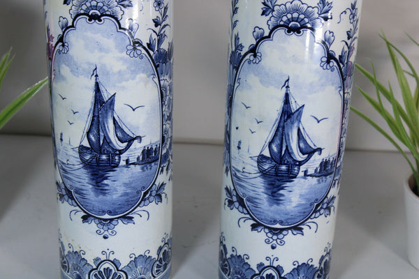 PAIR vintge dutch delft pottery Vases sailboat scene