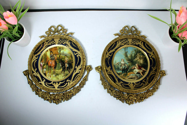 PAIR vintage Porcelain plate victorian Scene bronze wall frame plaques