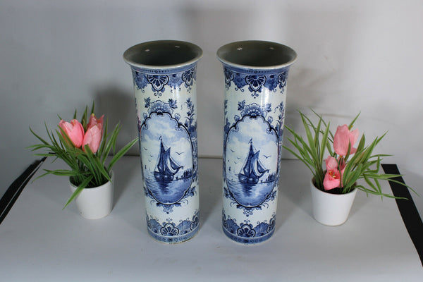 PAIR vintge dutch delft pottery Vases sailboat scene