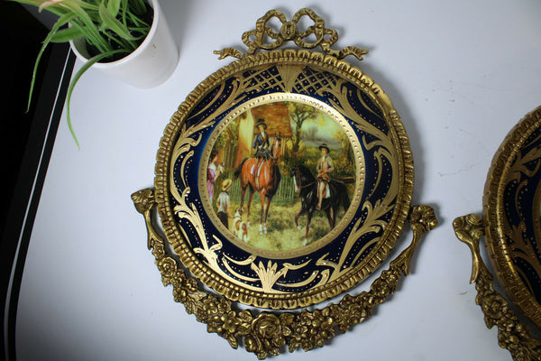 PAIR vintage Porcelain plate victorian Scene bronze wall frame plaques