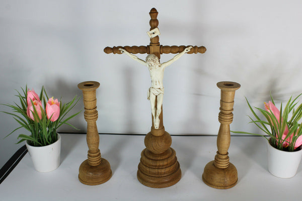 Vintage French crucifix religious set candle holders