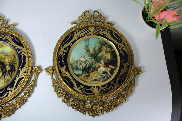 PAIR vintage Porcelain plate victorian Scene bronze wall frame plaques