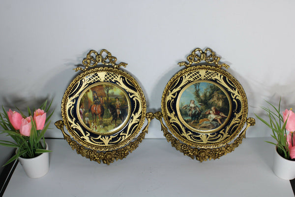 PAIR vintage Porcelain plate victorian Scene bronze wall frame plaques