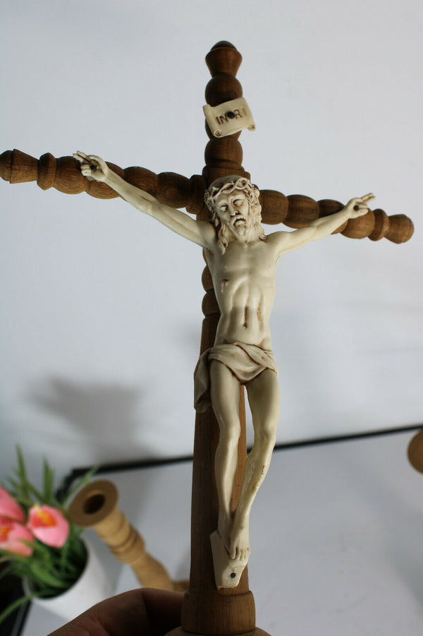 Vintage French crucifix religious set candle holders