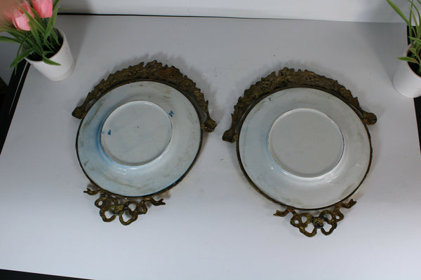 PAIR vintage Porcelain plate victorian Scene bronze wall frame plaques