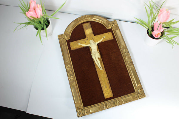 Vintage french wall plaque wood with crucifix christ 1960