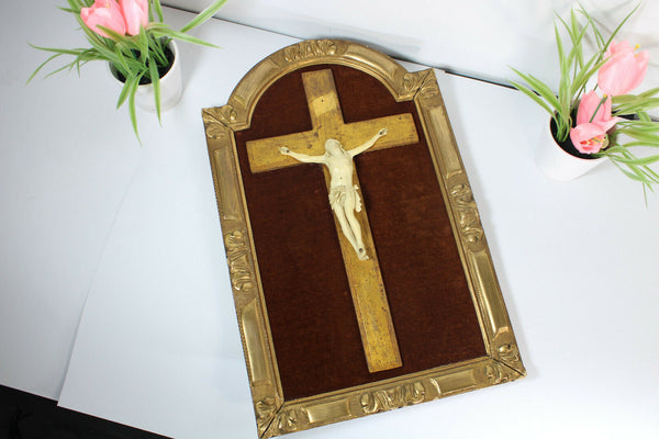 Vintage french wall plaque wood with crucifix christ 1960