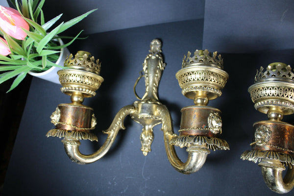 PAIR vintage 1970 brass Lion head Wall sconces lamps