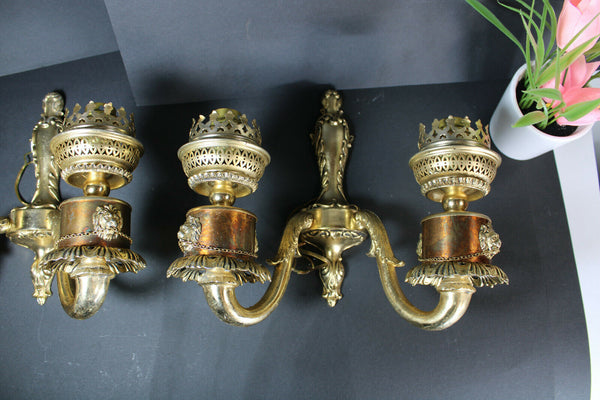 PAIR vintage 1970 brass Lion head Wall sconces lamps