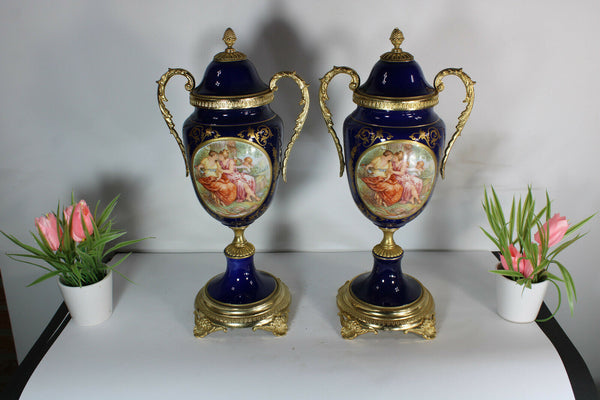 PAIR vintage Limoges cobalt blue porcelain victorian scene vases