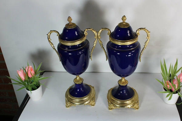 PAIR vintage Limoges cobalt blue porcelain victorian scene vases