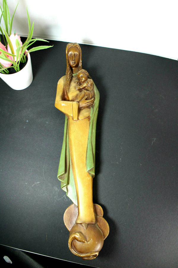 Antique French art deco chalkware wall madonna child snake signed