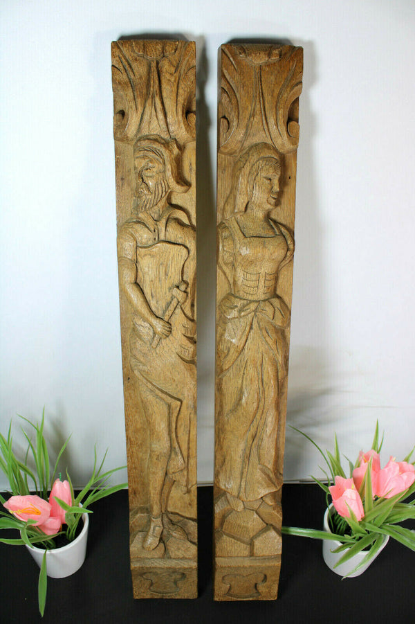 PAIR wood carved cabinet ornaments panels man lady figural