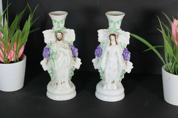 Antique pair religious porcelain candle holder vases joseph mary saint figurine