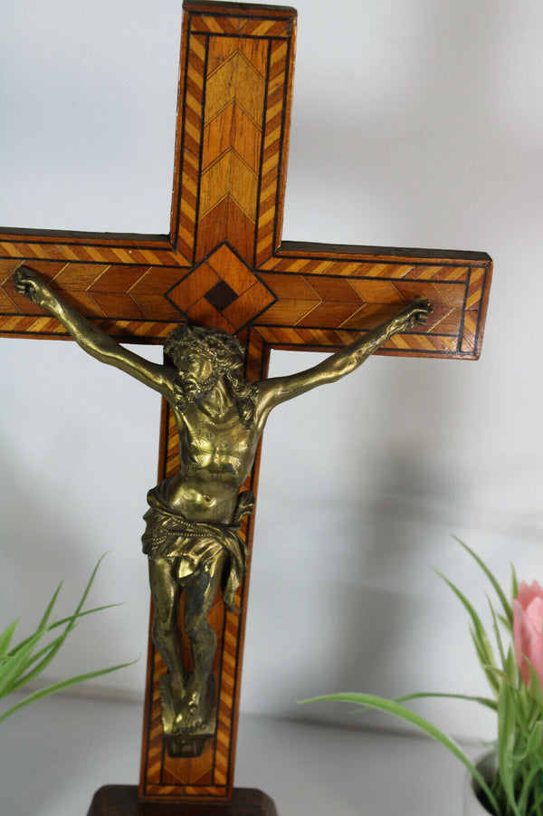 Antique Bronze wood inlay signed Crucifix cross Religious