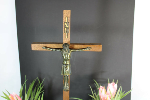 Antique French brass Wood carved art deco crucifix religious