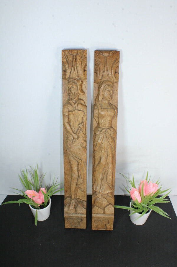 PAIR wood carved cabinet ornaments panels man lady figural