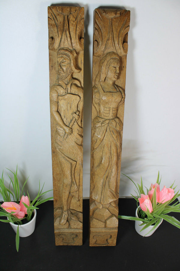 PAIR wood carved cabinet ornaments panels man lady figural