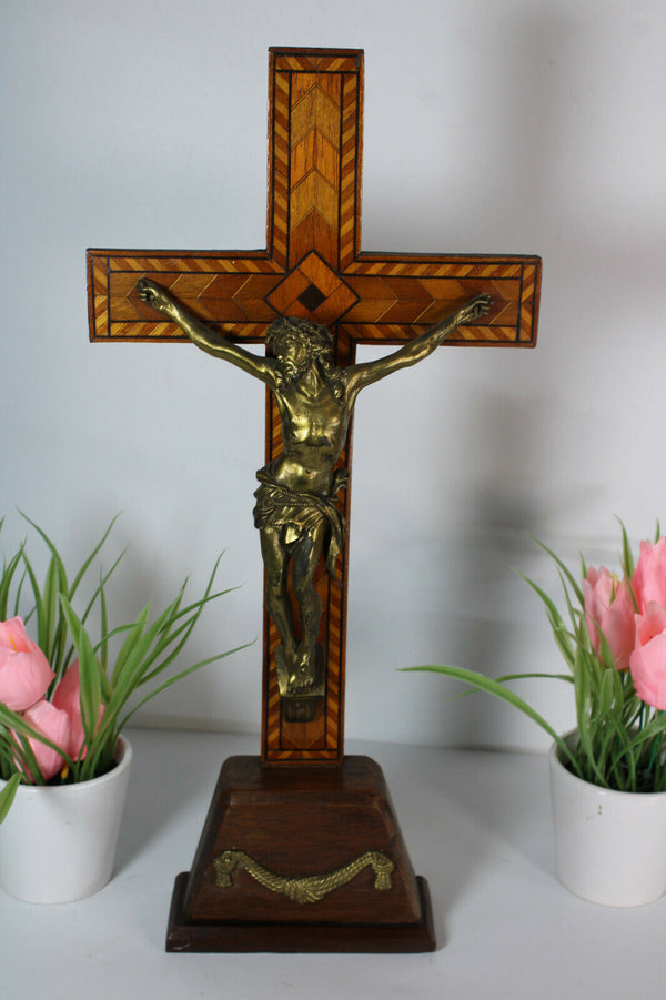 Antique Bronze wood inlay signed Crucifix cross Religious