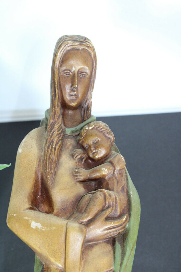 Antique French art deco chalkware wall madonna child snake signed