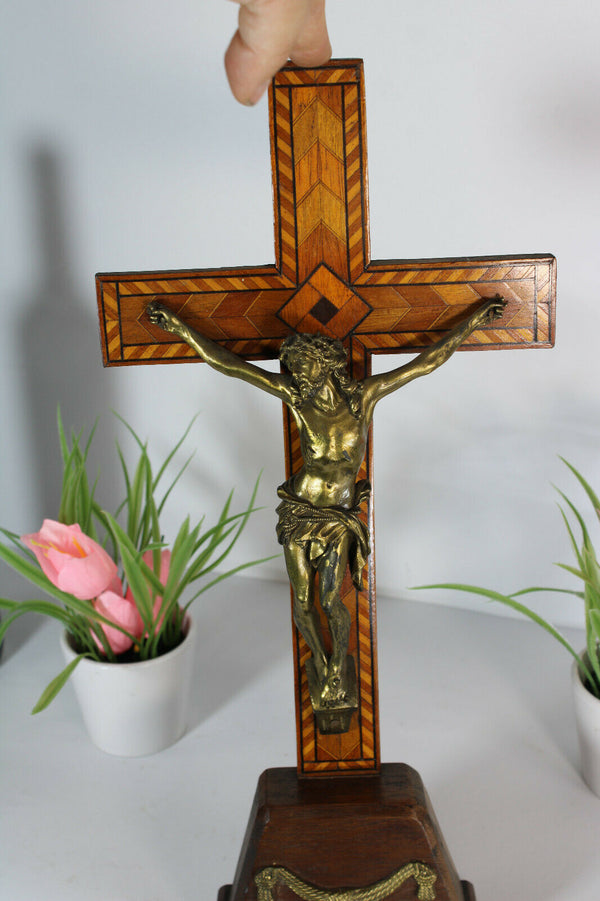 Antique Bronze wood inlay signed Crucifix cross Religious