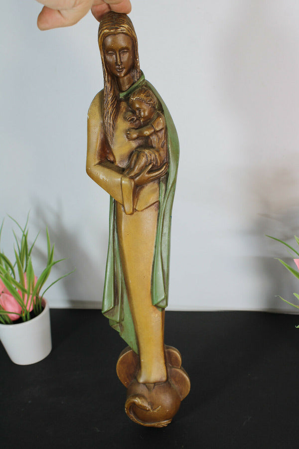 Antique French art deco chalkware wall madonna child snake signed