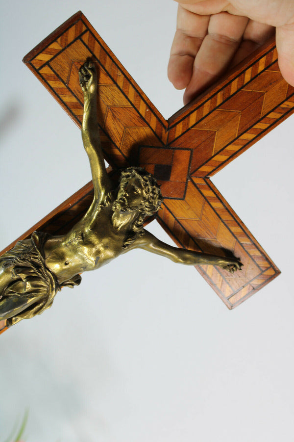 Antique Bronze wood inlay signed Crucifix cross Religious