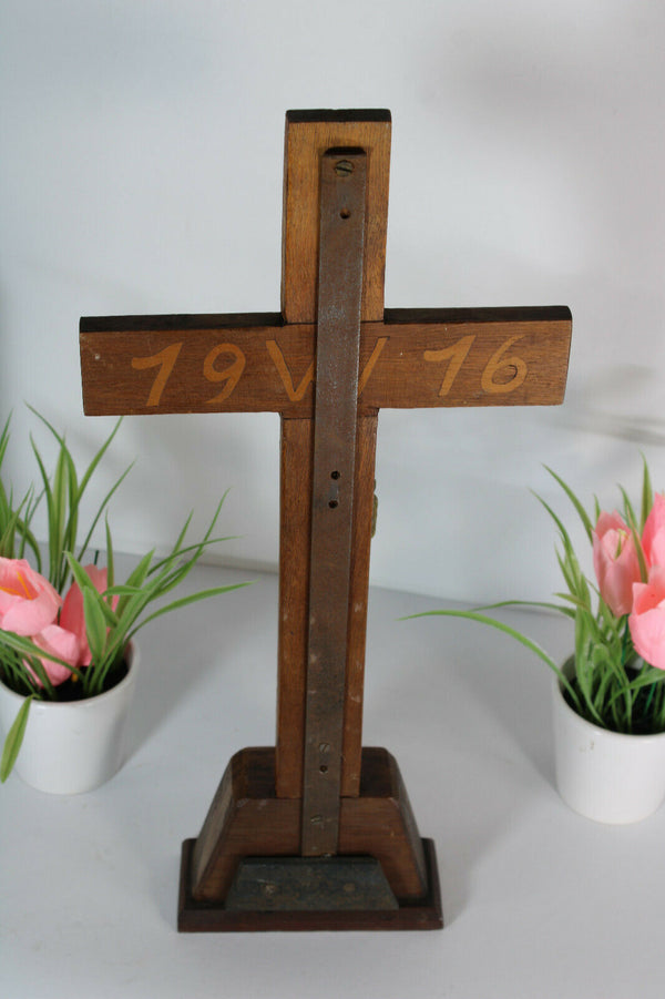 Antique Bronze wood inlay signed Crucifix cross Religious