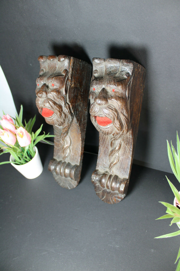 PAIR antique wood carved head ornaments cabinet