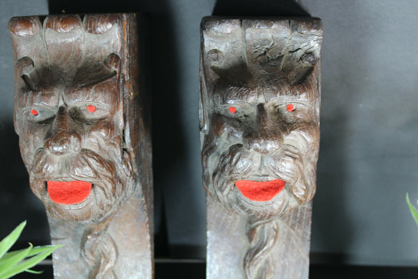 PAIR antique wood carved head ornaments cabinet